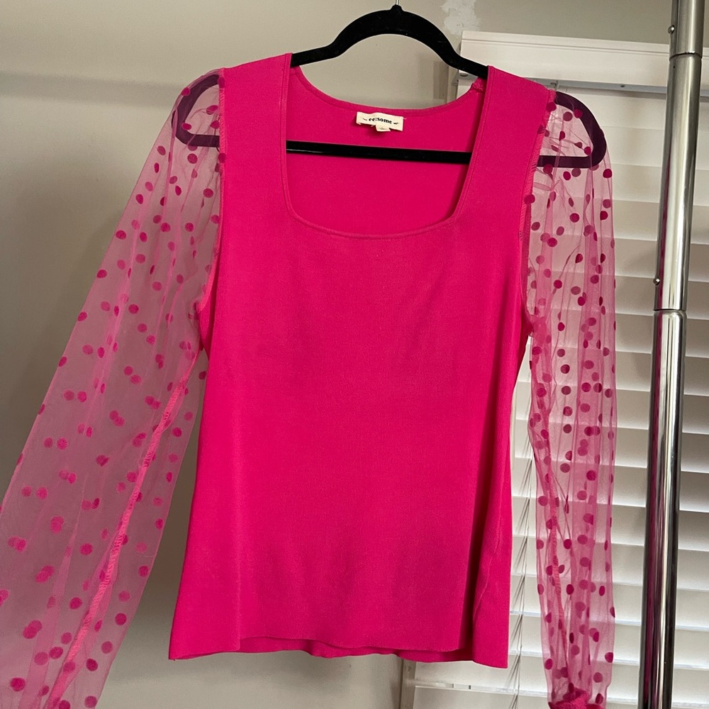 Kate Spade Pink Top with Sheer Polka Dot Sleeves